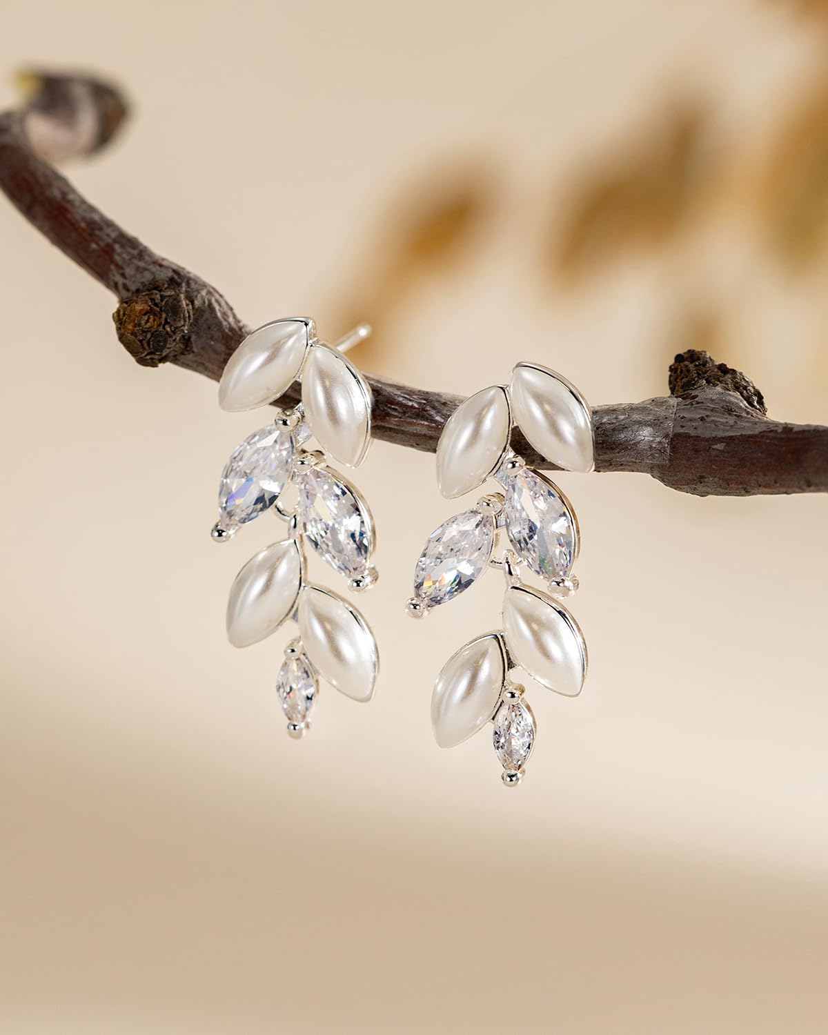 PRTGL Pearl Drop Earrings - Silver 14K White Gold Plated Cubic Zirconia Accented Pearl Drop Earrings for Women Wedding Bridal