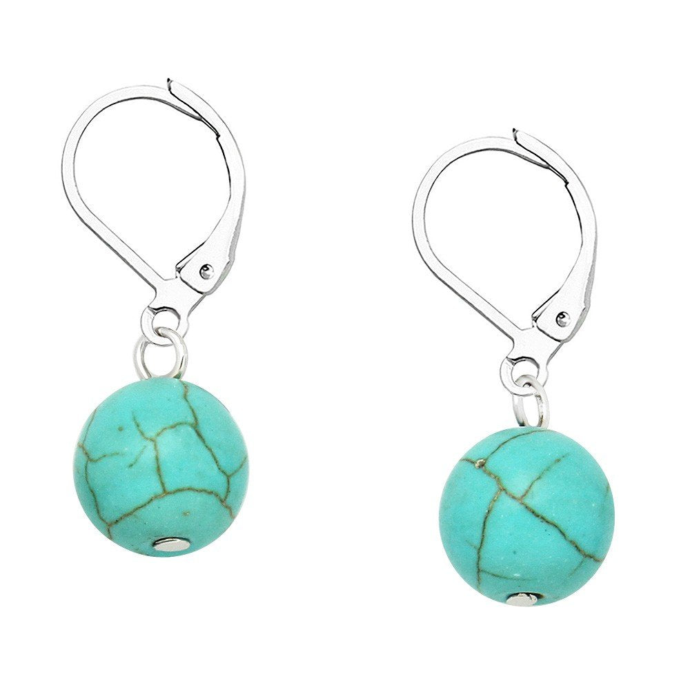 Falari 10mm Round Natural Stone Earring High Polished Rhodium Leverback Turquoise