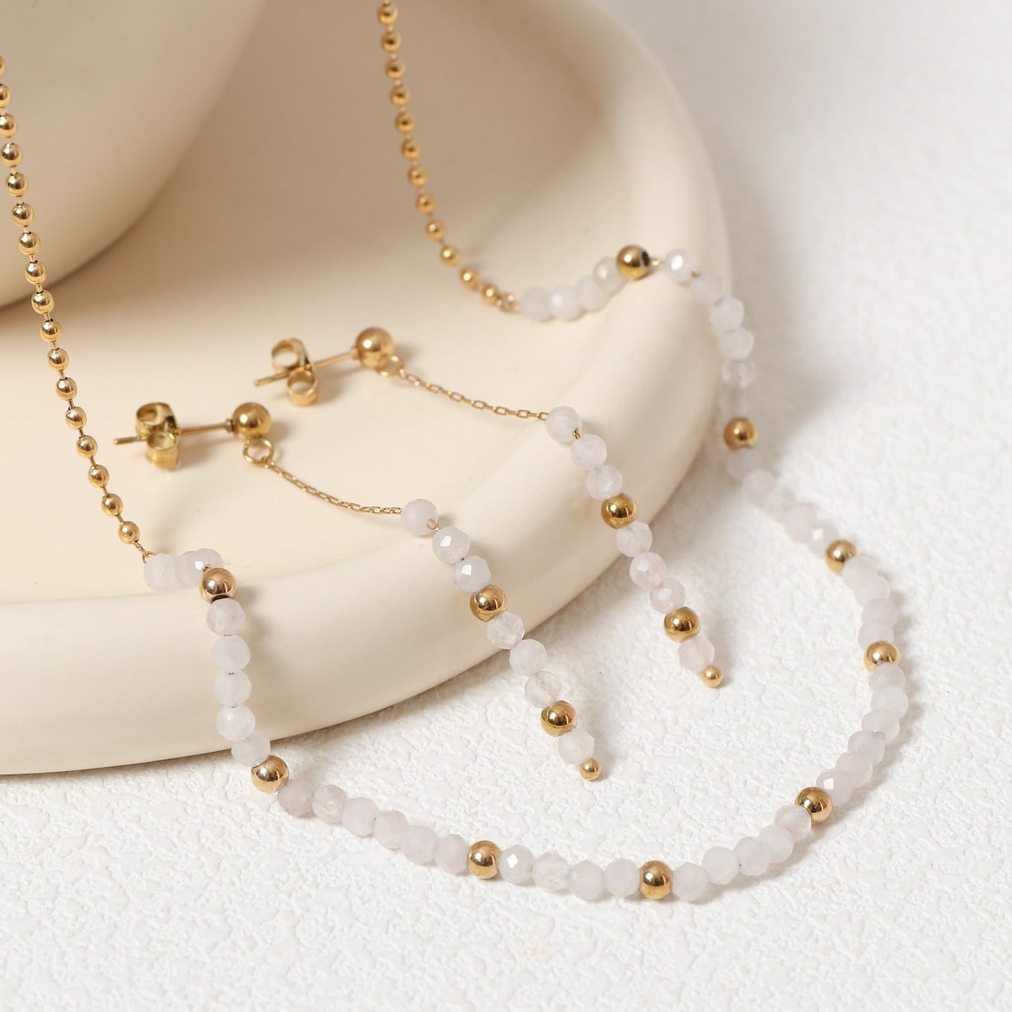 TaYolnFaSo Round Rose Quartz Beads Jewelry Set for Women 18K Gold Plated Rose Quartz Necklace and Earrings Set Gift for Girlfriend
