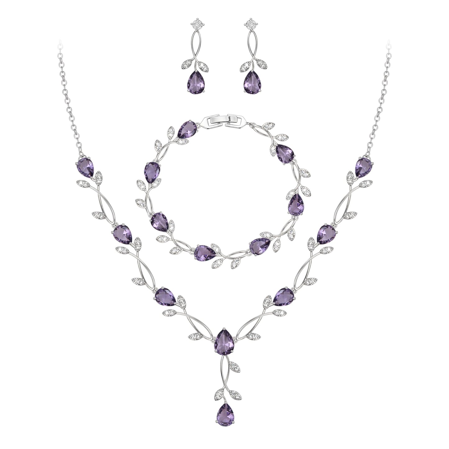 EVER FAITH Wedding Jewelry Set for Bride Bridesmaid, Purple Teardrop Cubic Zirconia Leaf Vine Bridal Prom Necklace Dangle Earrings Bracelet Sets for Women