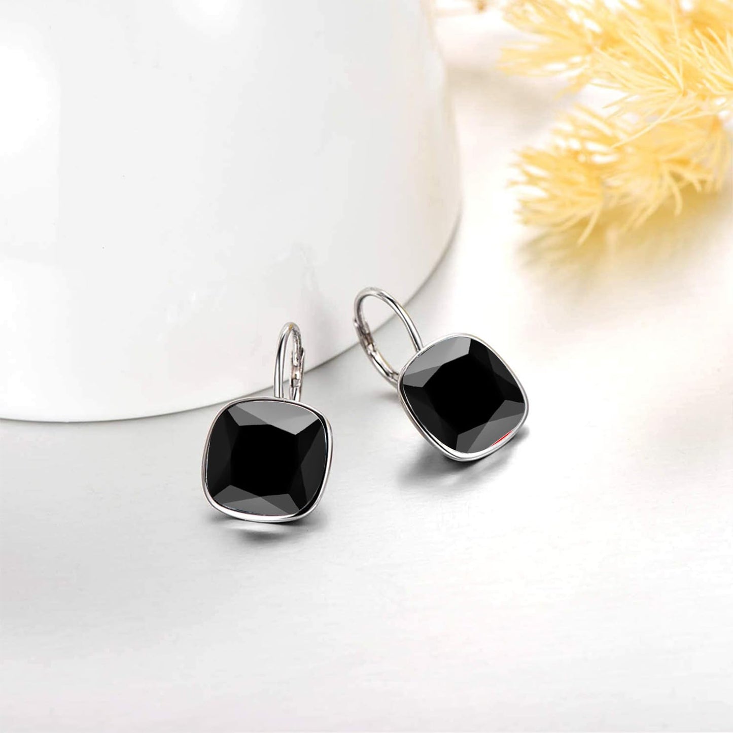 AOBOCO Sterling Silver Leverback Earrings Embellished with Crystals from Austria, Hypoallergenic Cushion Cut Square Crystal Earrings, Fine Anniversary Birthday Jewelry Gifts for Women (Black)