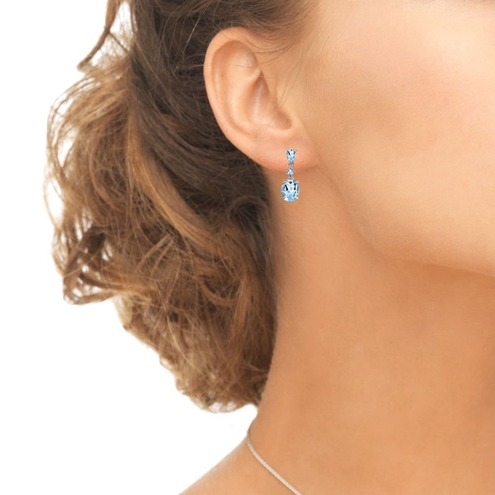 Sterling Silver Blue Topaz Oval Three Stone Drop Dangle Earrings for Women