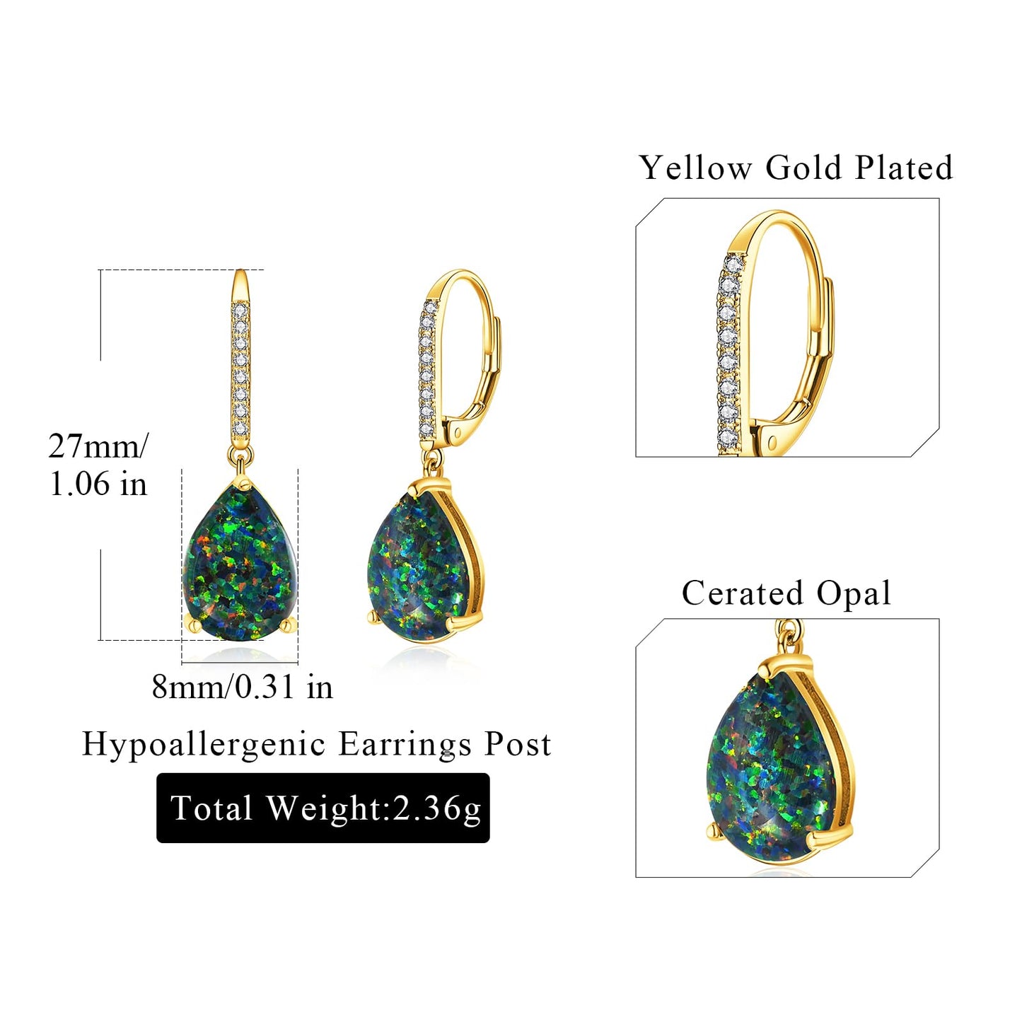 Leverback Black/Green Opal Dangle Earrings 14k Yellow Gold Plated Drop Earrings for Women Teardrop Earrings Elegant Jewelry Gifts for Mothers Day Birthday Party