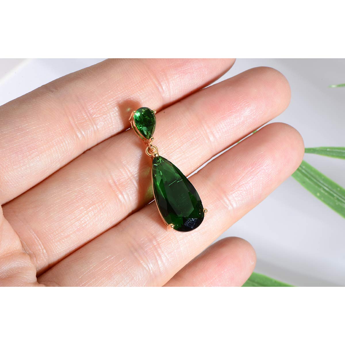 Emerald CZ Jewelry Set for Women - 18k Gold Plated Green Teardrop Cubic Zirconia Crystal Rhinestone Drop Earrings and Pendant Necklace Set for Mother of Bride Prom Party May Birthstone Fashion
