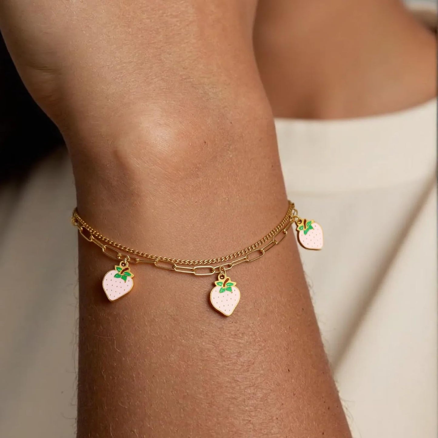 LCTrusttmor Gahna Strawberry Bracelets for Women, 18K Gold Plated Pink Strawberry Fruit Charms with Adjustable Layered Chain Link for Women Summer Jewelry Gifts
