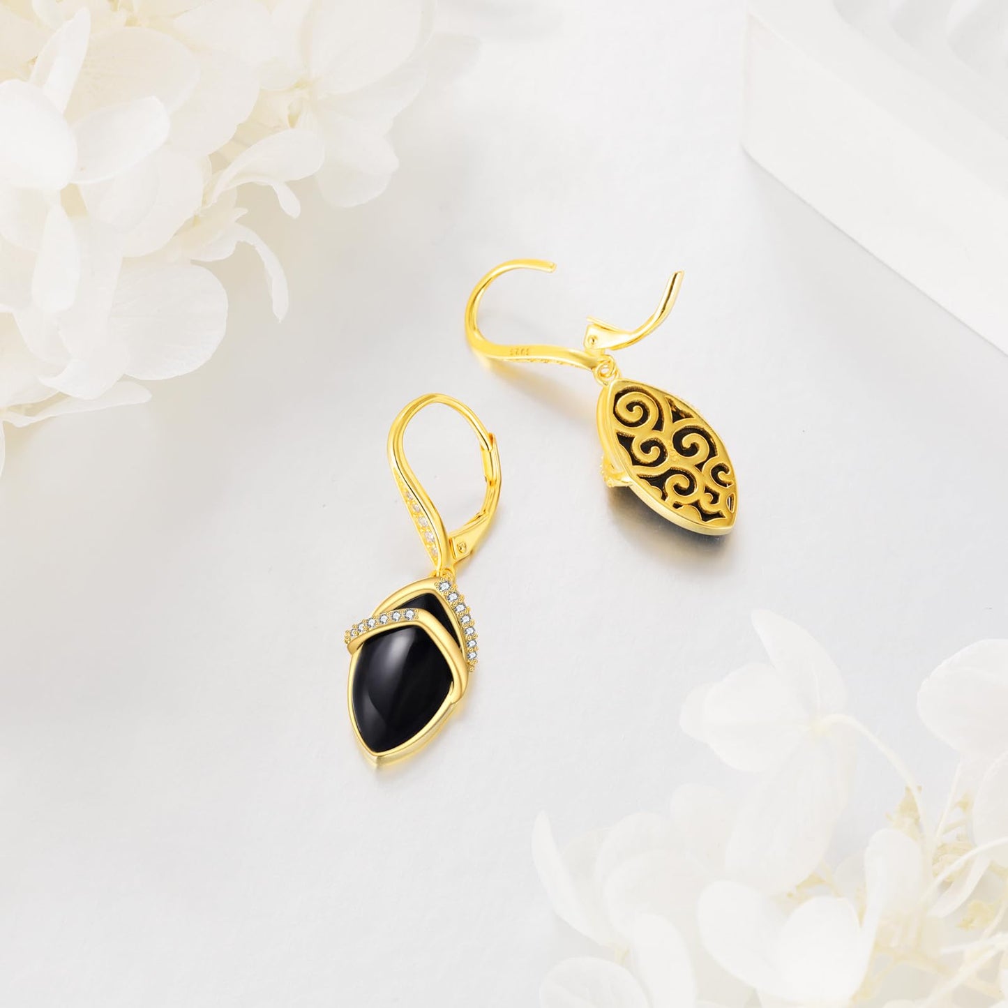 Black Onyx Drop Earrings for Women Sterling Silver 18K Yellow Gold Plated Filigree Black Onyx Dangle Leverback Earrings Jewelry Gifts