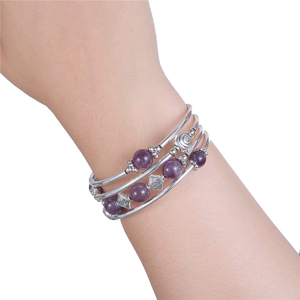 Beaded Pearl Bangle Wrap Bracelet - Fashion Bohemian Jewelry Multilayer Charm Bracelet with Thick Silver Metal Beads, Gift For Women(Purple)