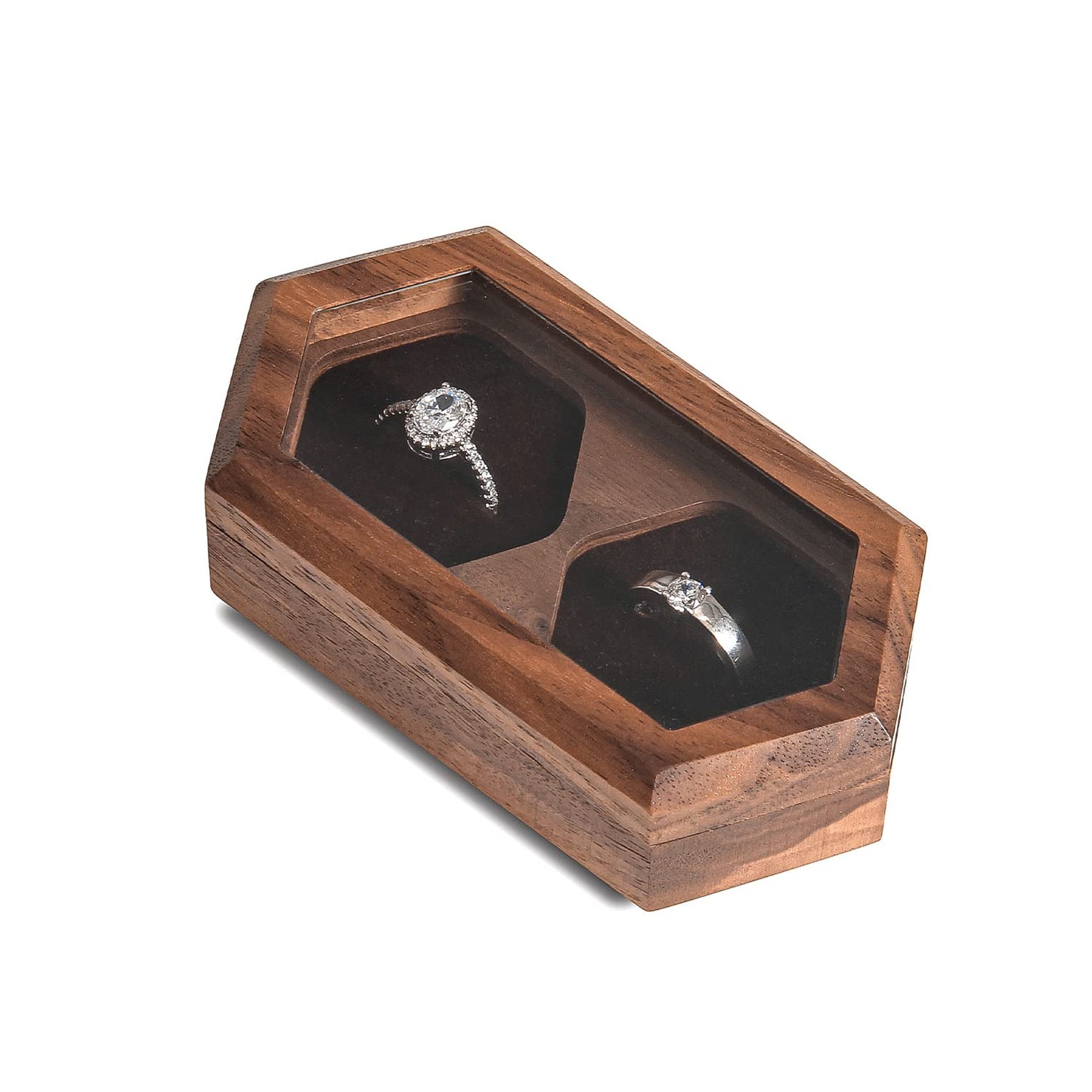 Wislist Double Ring Box for Wedding Ceremony,Walnut Wooden Rustic Ring case for Wedding and Engagement