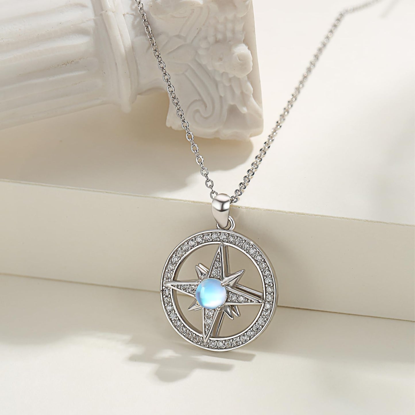 Silikepa Star Necklace for Women 925 Sterling Silver North Star Pendant Necklace Round Rotating Pendant with Moonstone Jewelry Gift for Women