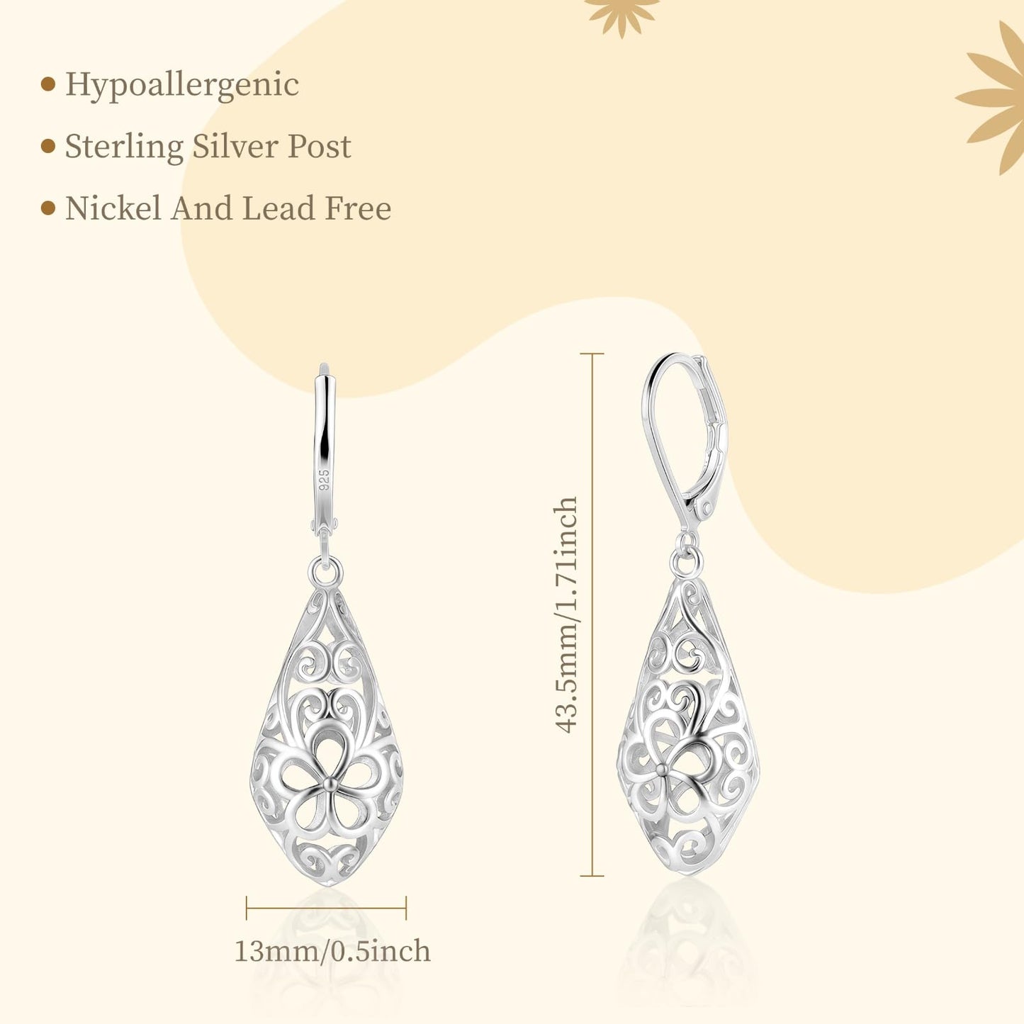Rhombic 925 Sterling Silver Dangle Earrings for Women Hypoallergenic Filigree Leverback Drop Earrings Jewelry Gifts