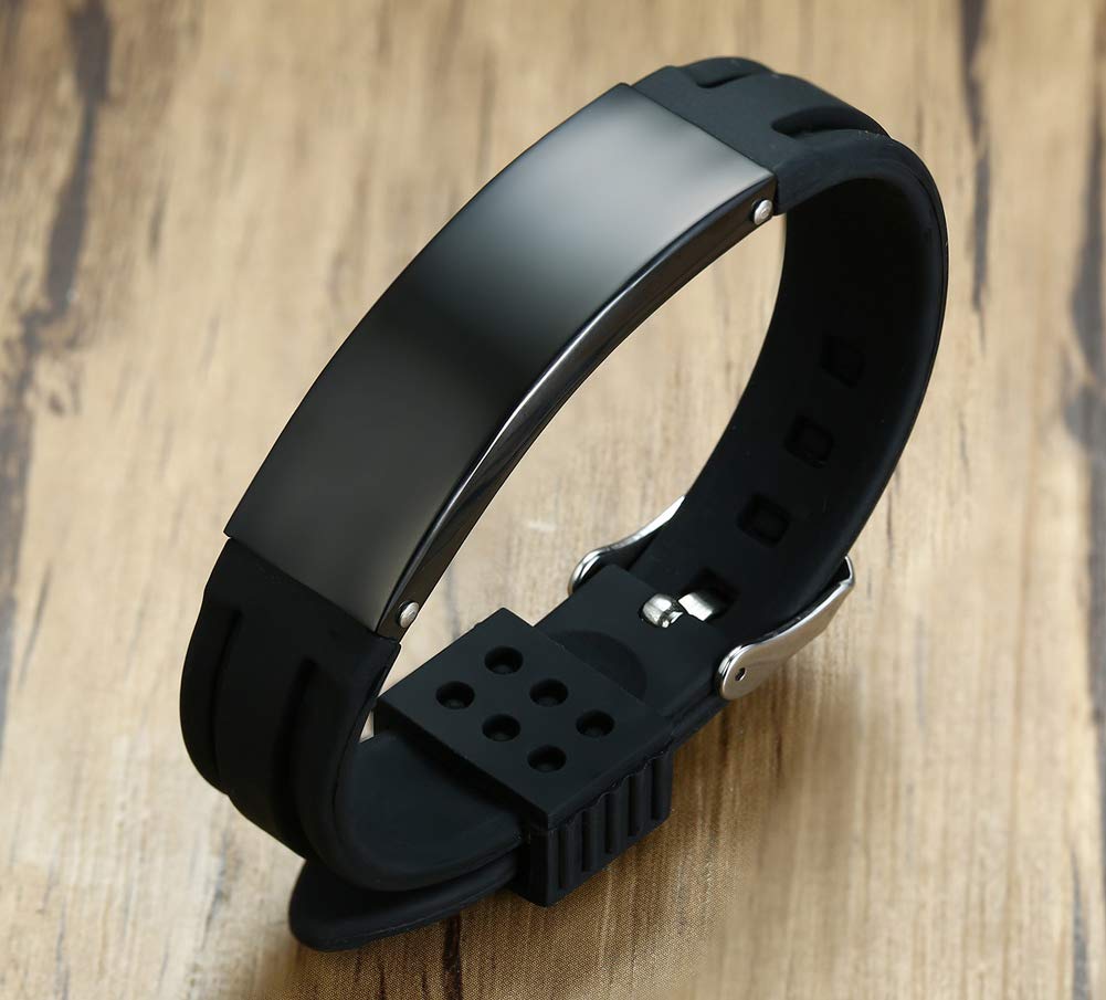 VNOX Type 1 Diabetes Medical Alert ID Black Silicone Rubber Stainless Steel Adjustable Bracelet for Unisex