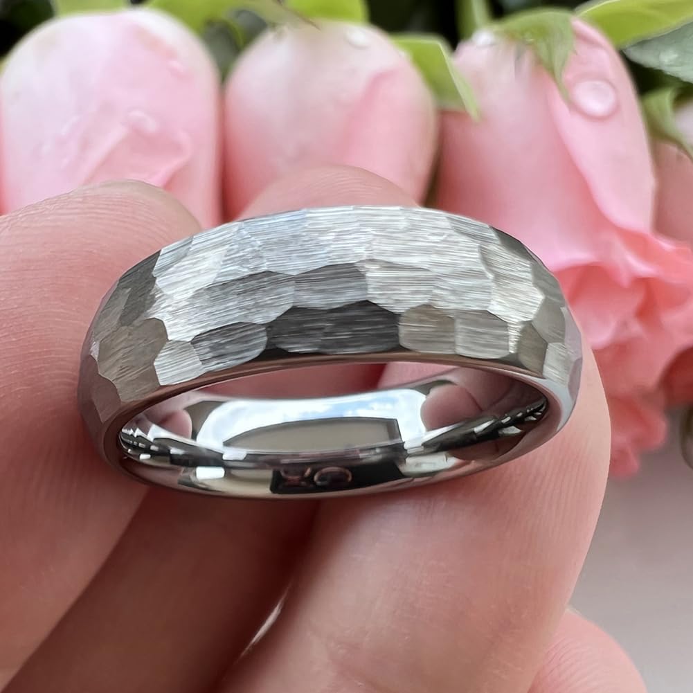 TUTISS 6mm Hammered Tungsten Rings for Men Women Fashion Engagement Wedding Bands Domed Matte Finish Comfort Fit Size 10