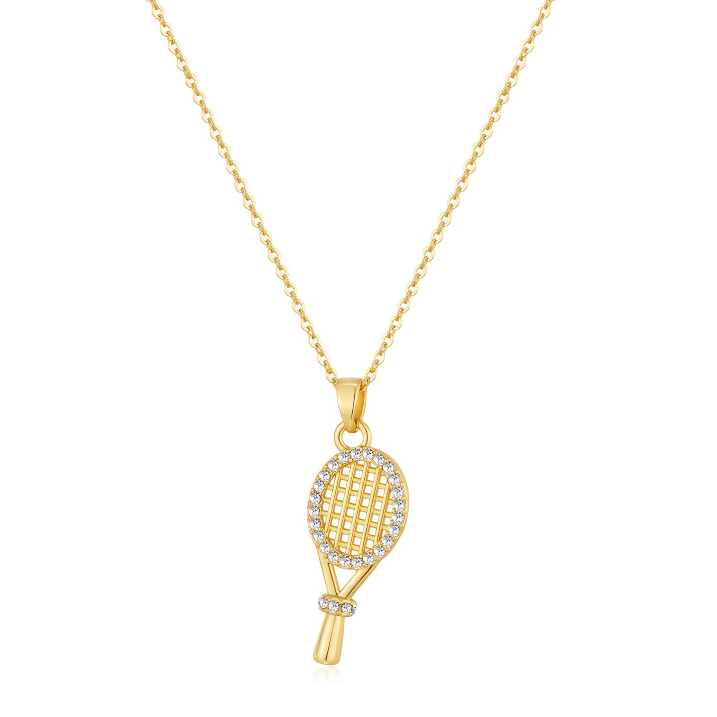 YUJIE 14k Gold Plated Tennis Racket Necklace for Women, Sparkle Cubic Zirconia Tennis Pendant Charm, Dainty Sport Themed Jewelry Gifts for Players & Coach
