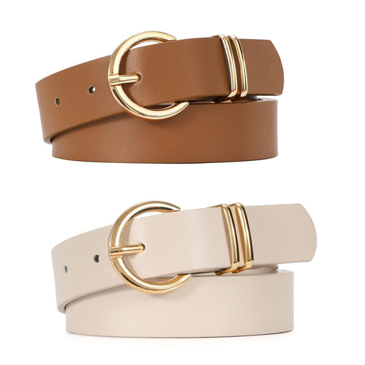 VONMELLI 2 Pack Women's Leather Belts for Jeans Pants Fashion Gold Buckle Ladies Belt Beige Brown M