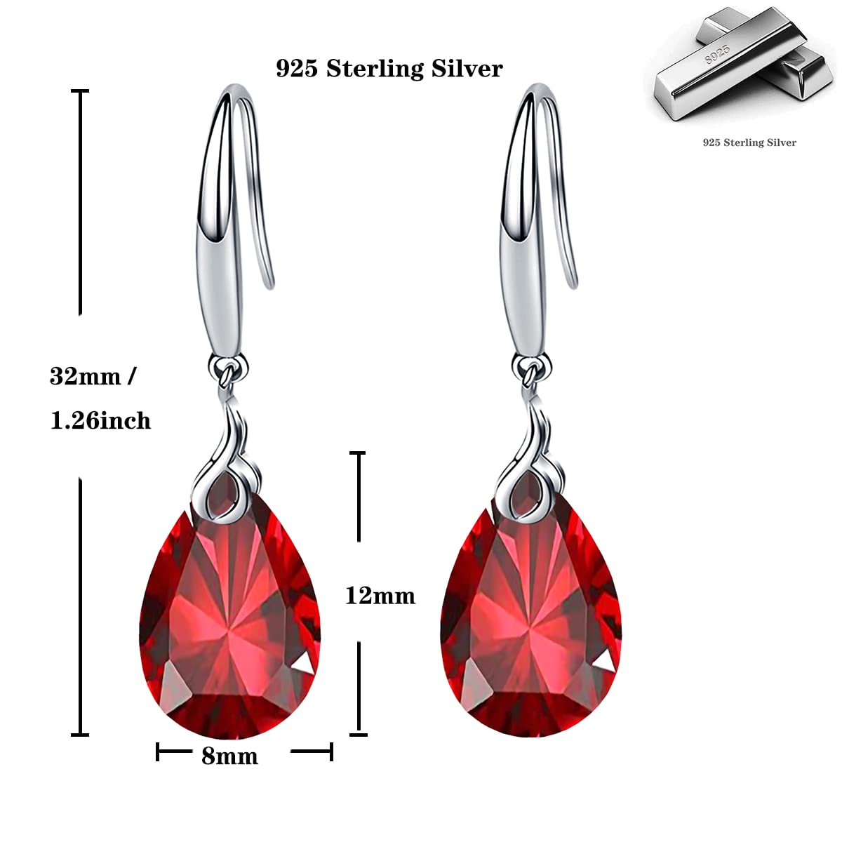 Silver Dangle Earring 14k White Gold Plated 925 Sterling Silver 12mm Pear Shape Naked Drill Crystal Drop Earrings For Women