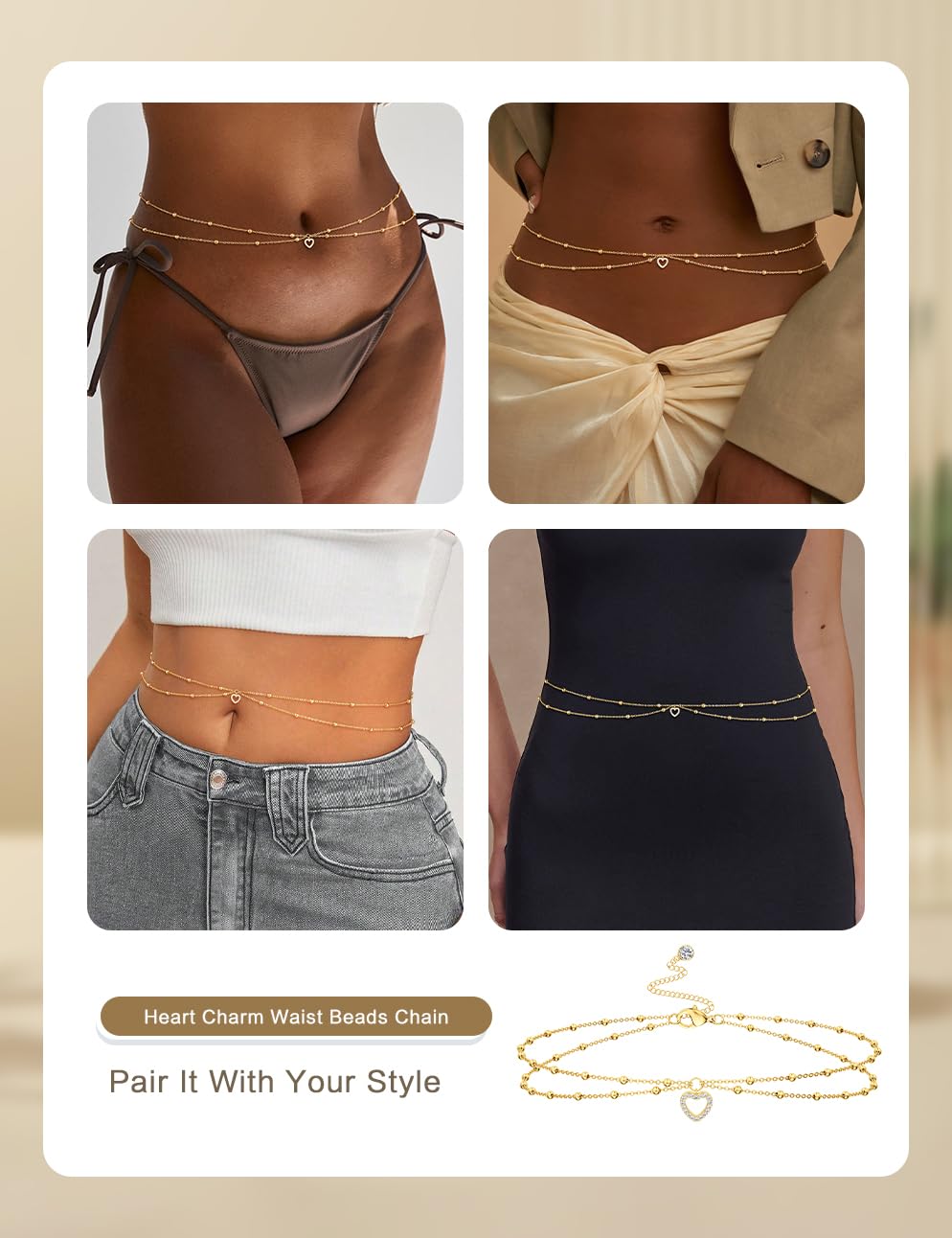 HABIKIP 14K Gold Plated Waist Chain for Women, Gold Plated Belly Heart Pendant Chain Belt Sexy Bikini Beach Satellite Waist Beads Chain Adjustable Body Chain Waterproof Jewelry Accessories for Women