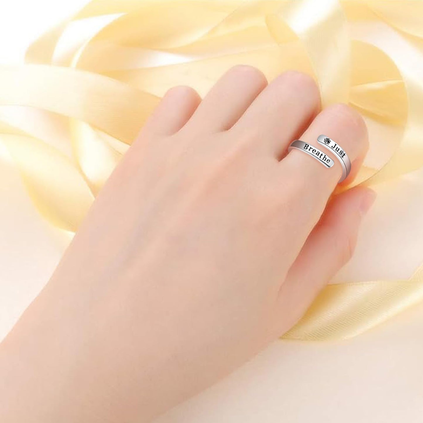 Just Breathe Rings for Women - 925 Sterling Silver Inspirational Jewelry Adjustable Lotus Ring Encouragement Gift for Women