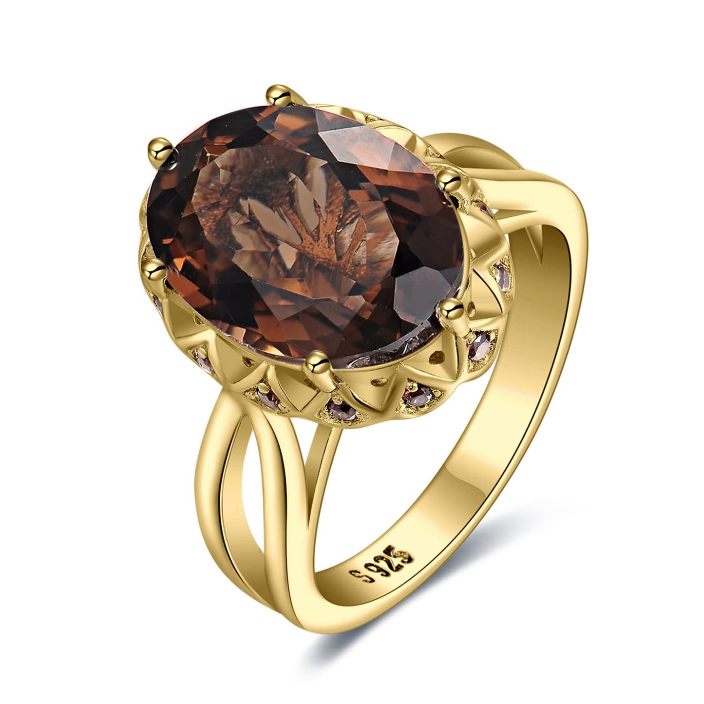 JewelryPalace Huge Oval Shape 5.7ct Genuine Smoky Quartz Cocktail Rings for Her, 14K Yellow Gold Plated 925 Sterling Silver Ring for Women, Natural Gemstone Jewelry Sets Rings 6