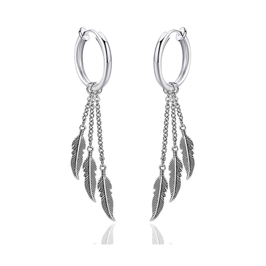 Fusamk Punk Rock Stainless Steel Feather Drop Dangle Earrings Huggie Hinged Hoop Earrings,2PCS