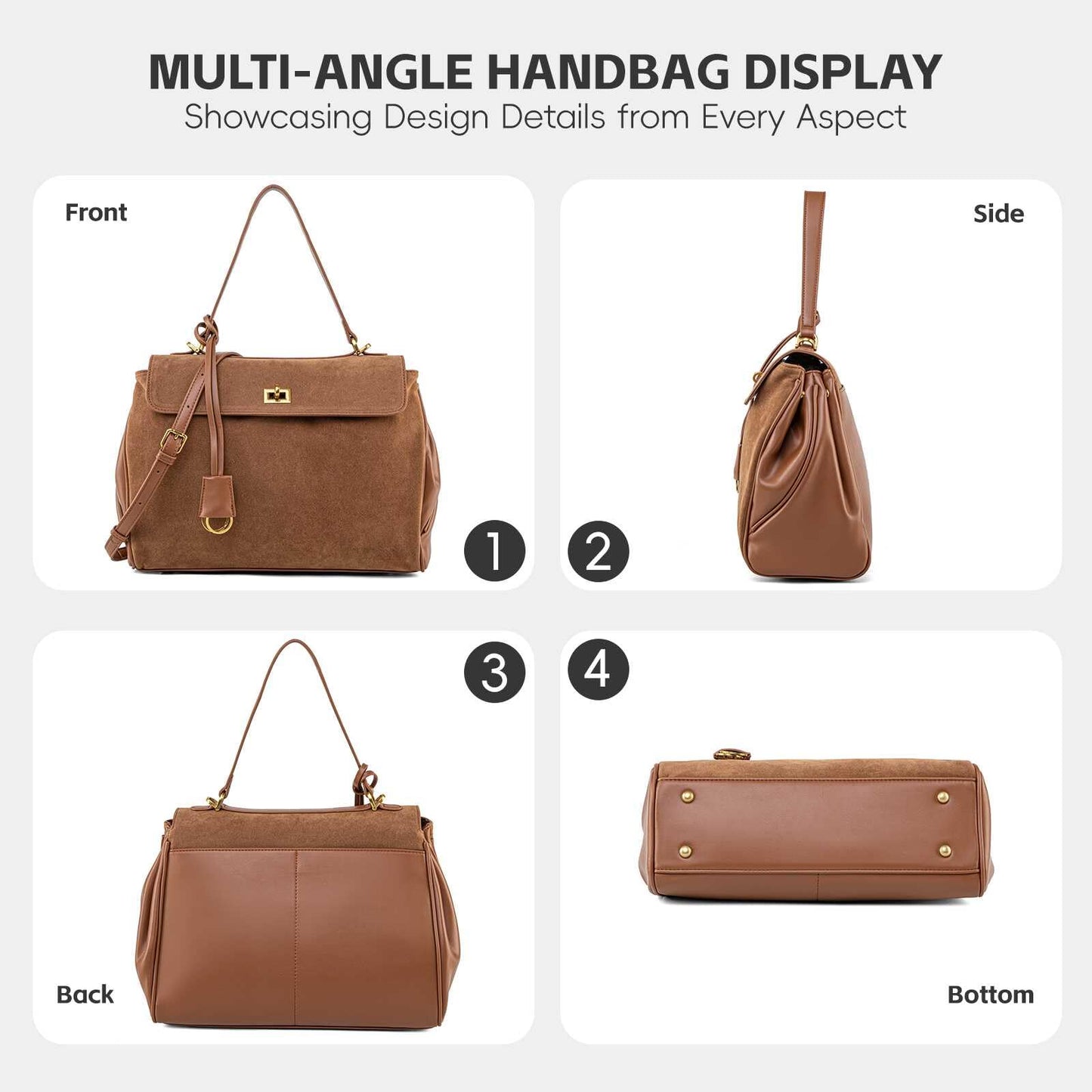 NGGU Suede & Leather Tote Bag for Women,Soft Leather Shoulder Handbags for Ladies,Satchel Purse for Travel Work & Medium & Brown Suede & Gold Clasp