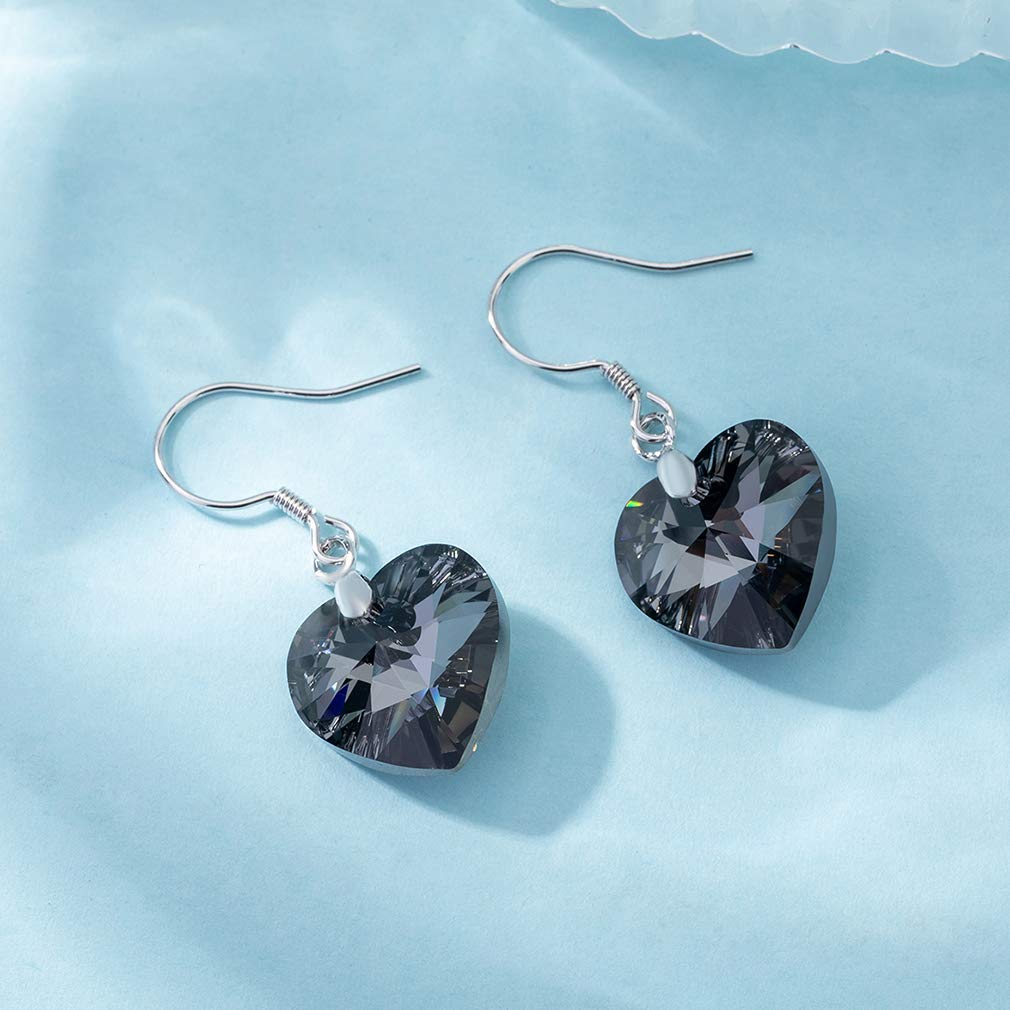 Austrian Crystal Heart Drop Dangle Earrings for Women 925 Sterling Silver Hook Hypoallergenic Earring (Grey-Black)