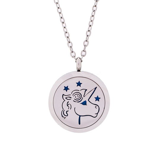 Aromatherapy Essential Oil Diffuser Stainless Steel Silver Magnetic Locket Pendant 2 Sizes Chain Necklace, Refill Pads & Diffuser Bracelet in a Velvet Bag (Unicorn)