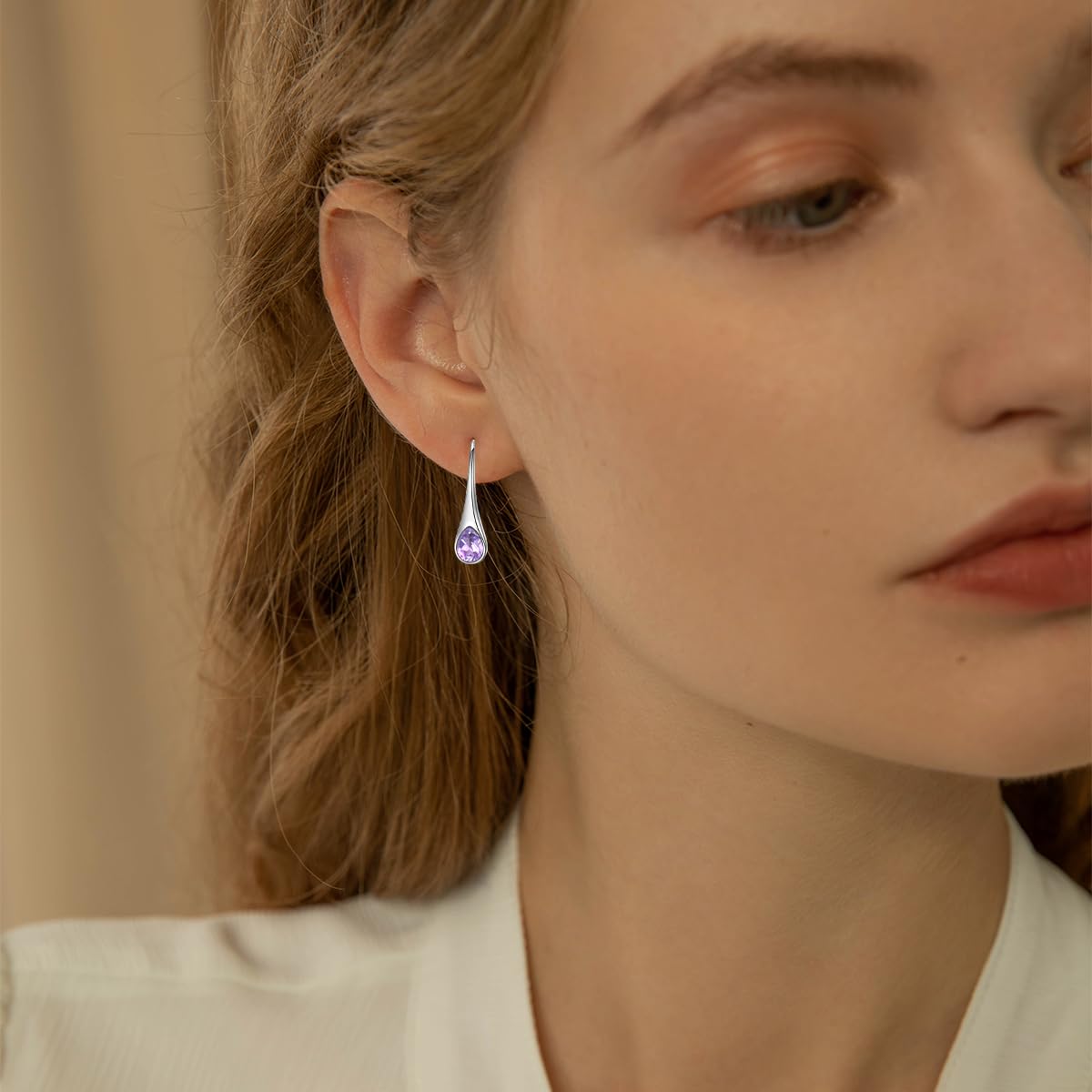 925 Sterling Silver Pear-Shaped Hook Earrings with Simulated Alexandrite Light Purple Crystals, Teardrop June Birthstone Jewelry Gifts for Women Wife Mom