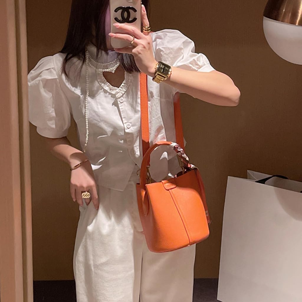 Women's small crossbody bag made of synthetic leather, mini bucket style shoulder bag with scarf, detachable shoulder strap (orange)