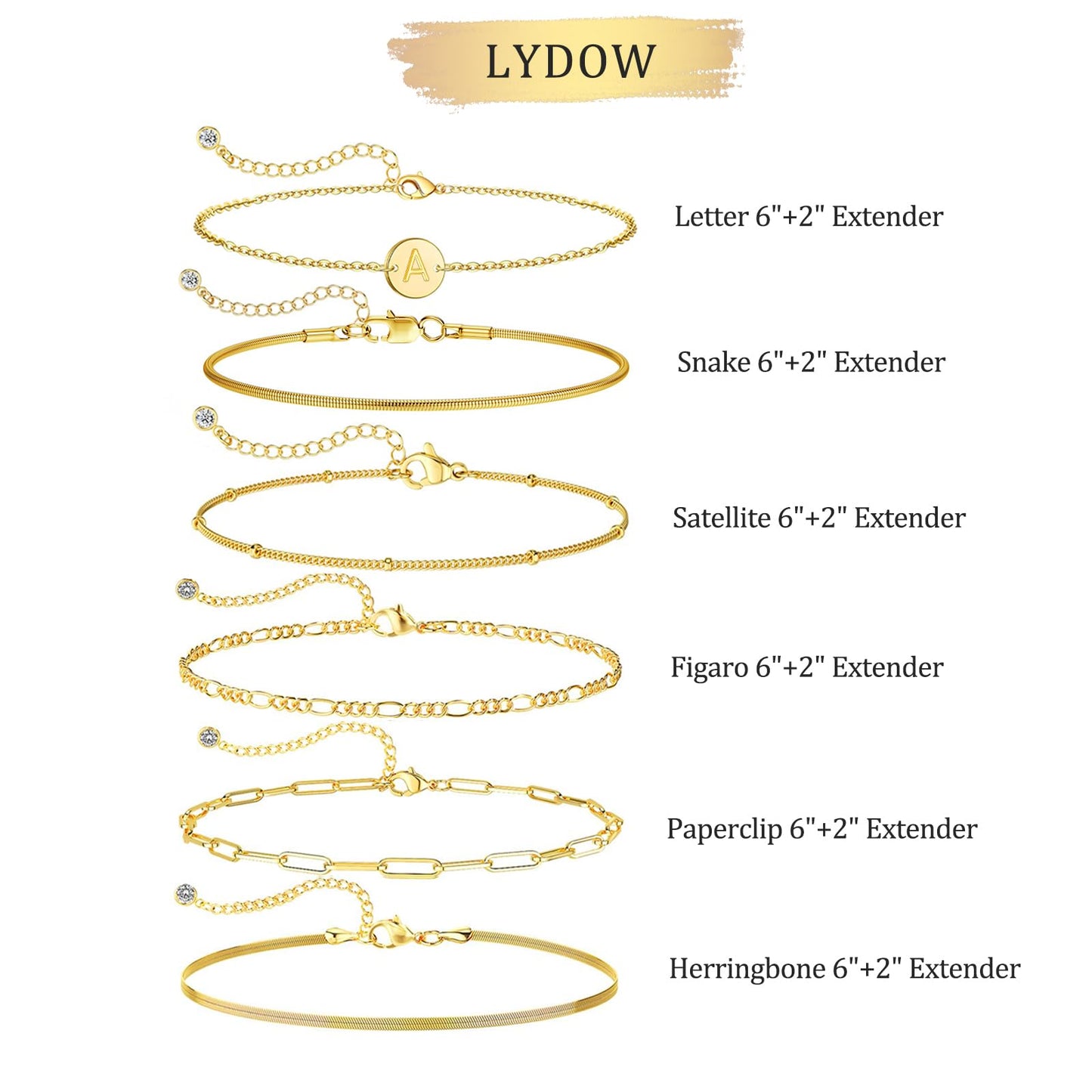 Lydow Bracelets for Women, Stack Jewelry Set Initial F Chain Stackable Letter Teen Accessories Pulseras Para Mujer 6 Inch 6PCS