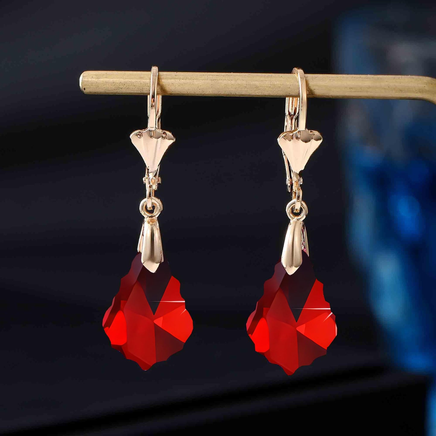 Austrian Crystal Baroque Drop Leverback Earrings for Women Fashion 14K Gold Plated Hypoallergenic Jewelry (Red)