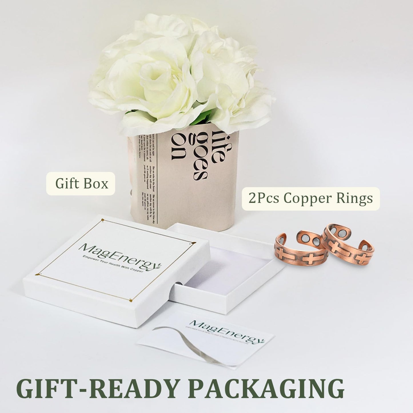 MagEnergy 2PCS Copper Rings for Men & Women, 99.9% Pure Copper Magnetic Christian Thumb Ring with Strong Magnet, Lymphatic Therapy Jewelry Gift with Present Box