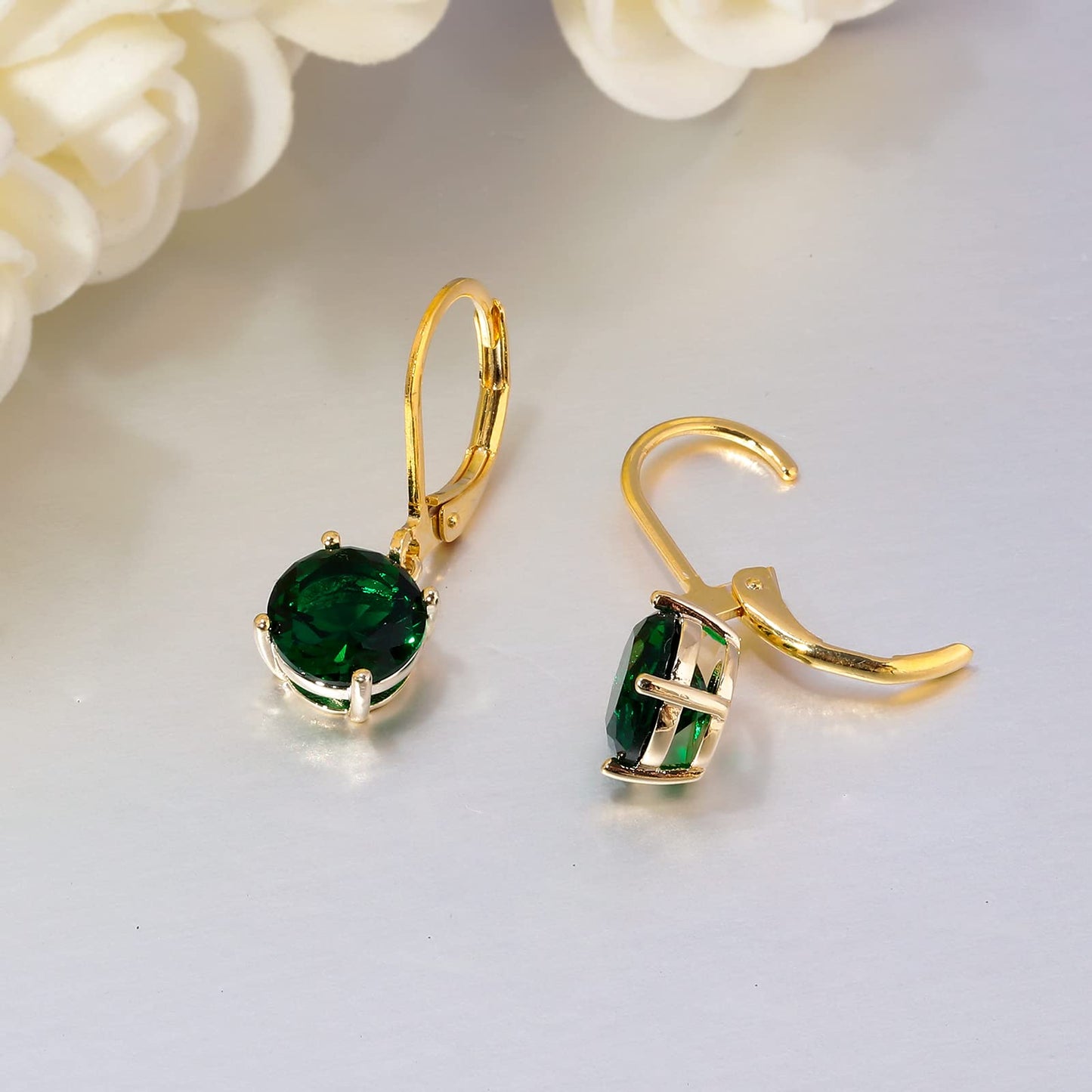 CiNily Leverback Dangle Earrings for Women Ladies Green Cubic Zircon Pendant Earrings 14K Gold Plated Hypoallergenic Crystal Drop Earrings for Sensitive Ears Jewelry 8 mm