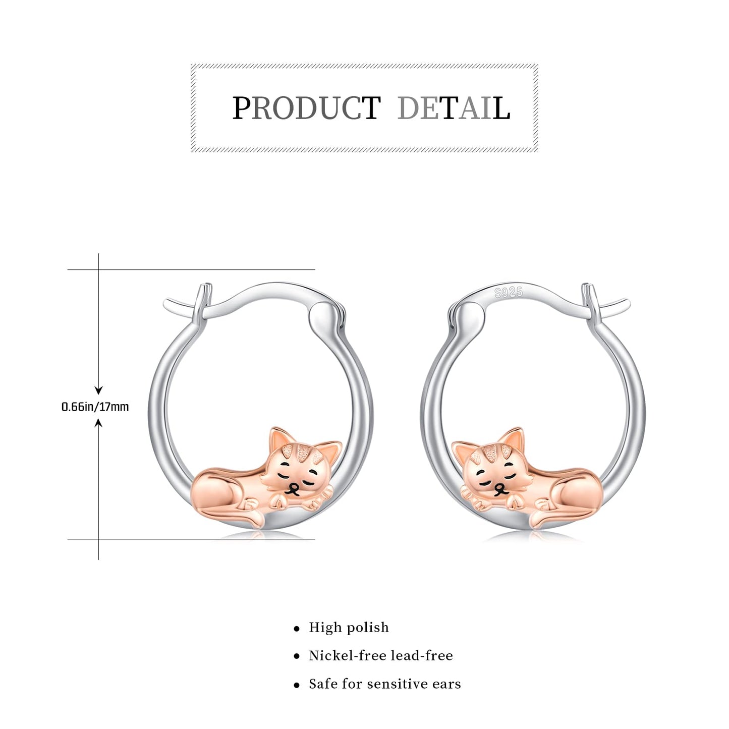 Cat Earrings for Women Girls 925 Sterling Silver Hypoallergenic Cute Hoop Earrings for Sensitive Ears Jewelry Graduation Gifts for Daughter Her Cat Lovers