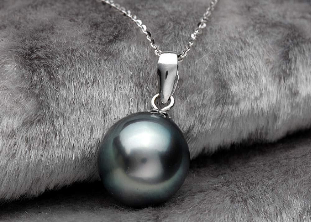 Lzz 925 Sterling Silver Tahitian Nanhai Freshwater Cultured Black Pearl Pendant Necklace - 9-10mm Round Pearl Ladies Necklace