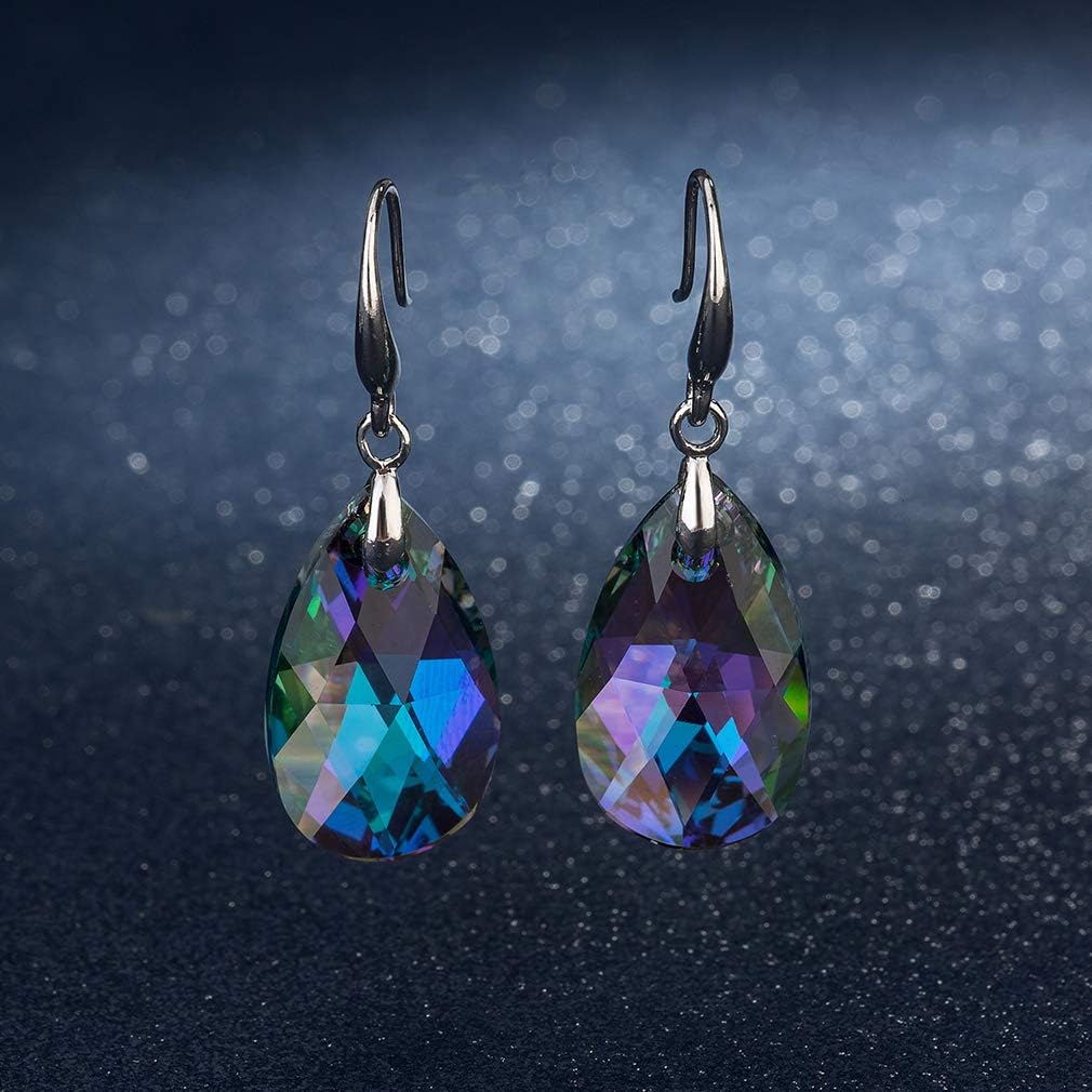 Austrian Crystal Teardrop Dangle Hook Earrings for Women 14K Gold Plated Hypoallergenic Jewelry (Rainbow Crystal)