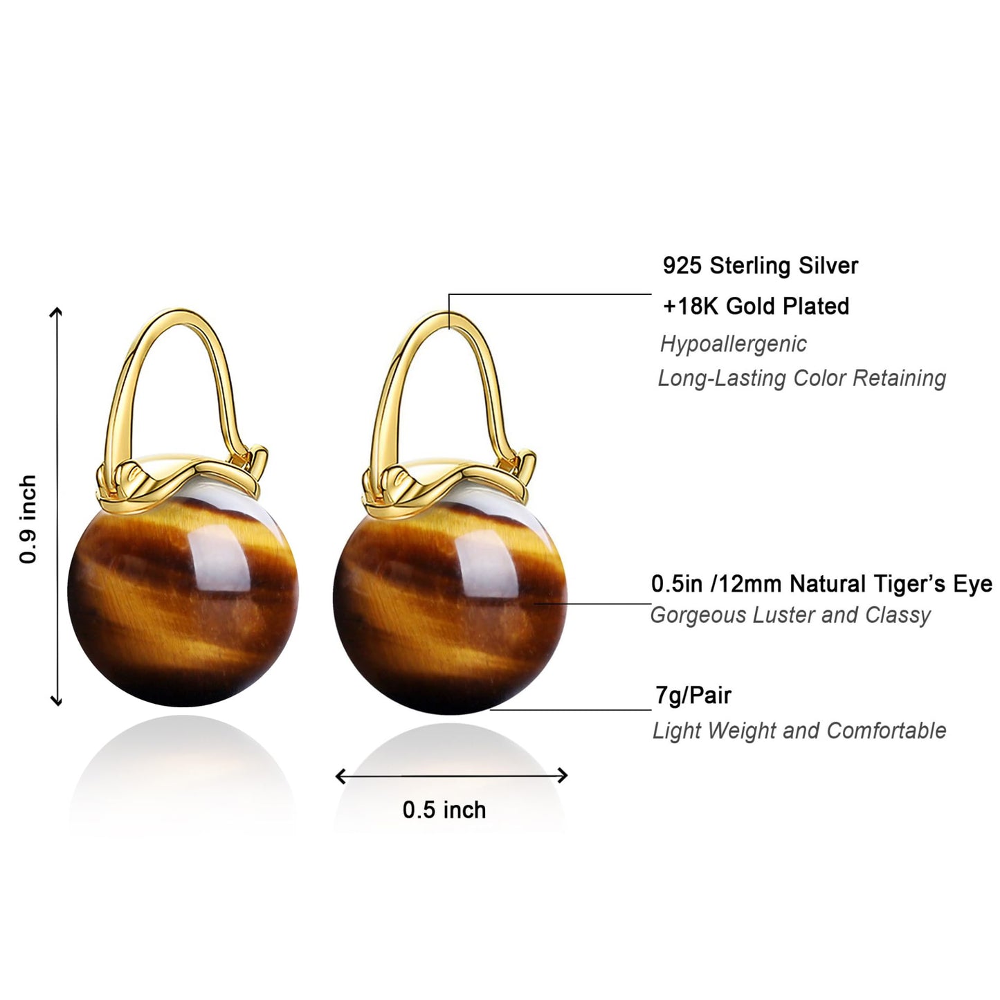 OwMell Elegant 925 Sterling Silver Pearl Drop Earrings Dangle Stud Gold Plated Earrings for Women Large Size 12mm - Tiger's Eye
