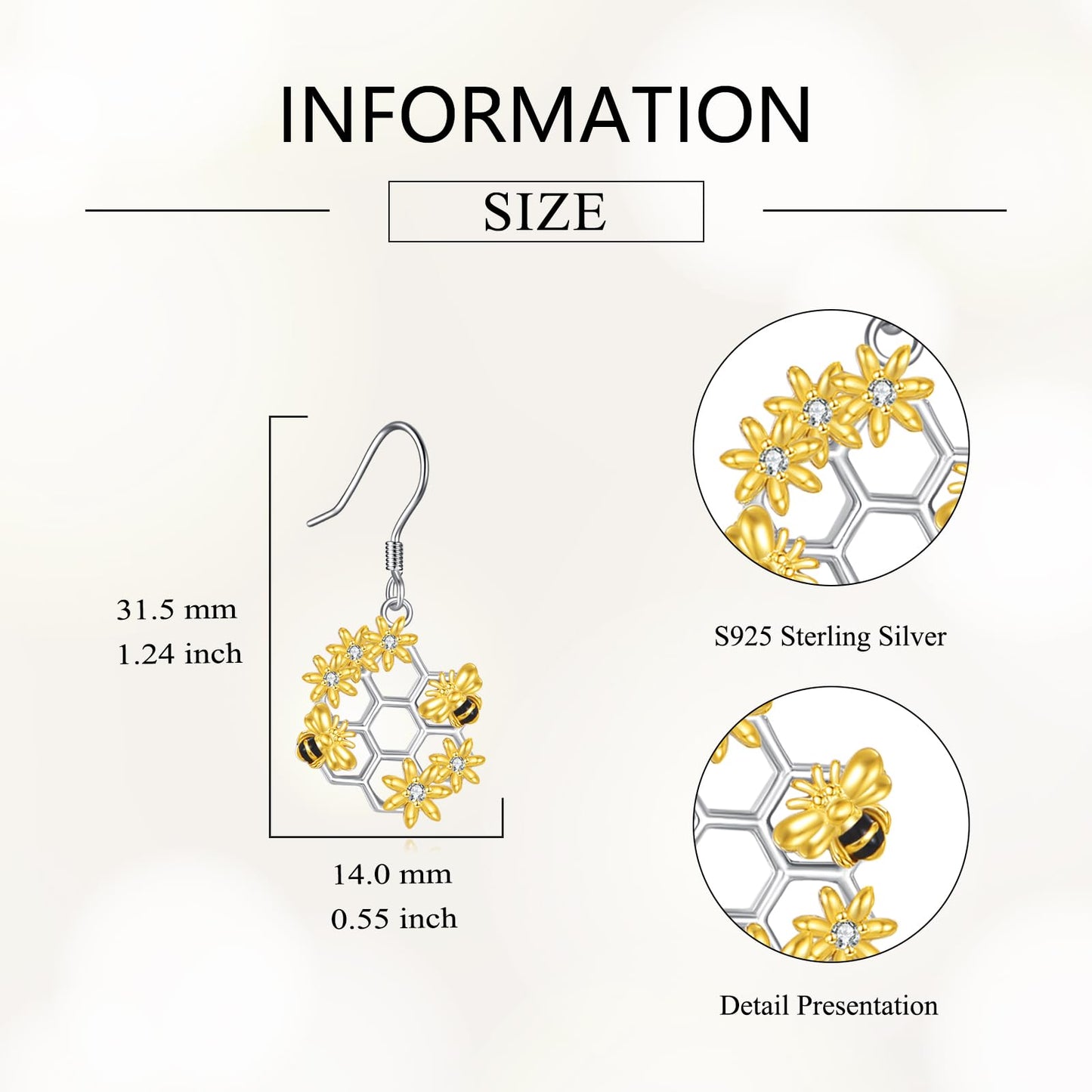 YONFQE Bee Earrings S925 Sterling Silver Honeycomb Honeybee Dangling Hanging Pendant Earrings Cute Jewelry Gifts for Women