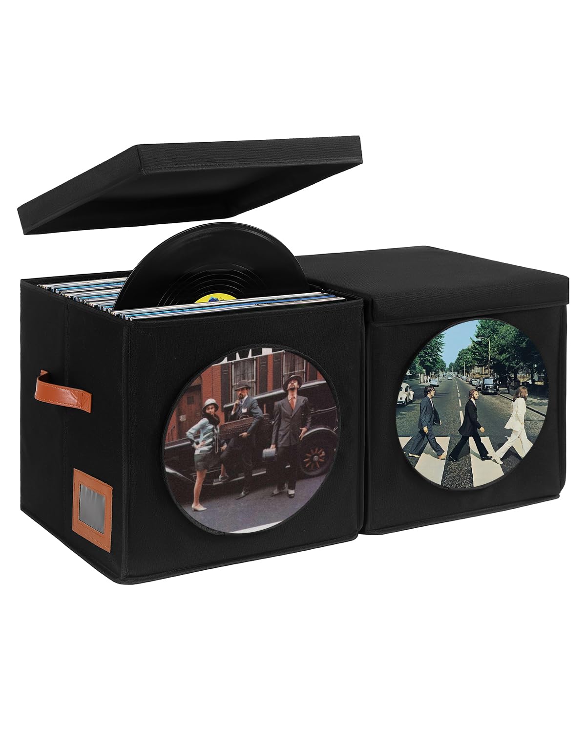 Qozary Vinyl Record Storage Box with Display Window for Album Covers, 2 Pack Record Organizer Crate with Lid, Collapsible LP Storage Box, Label Slot & Leather Handles, Holds Over 100 Vinyl Albums