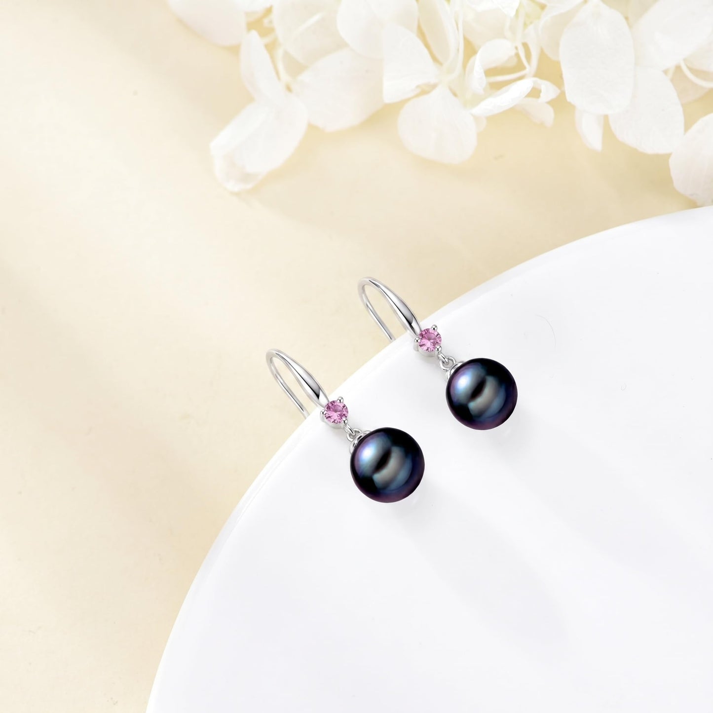 925 Sterling Silver Pearl Leverback Earrings Dangle Drop Birthstone Jewelry Gifts for Women (Black Pearl-October)