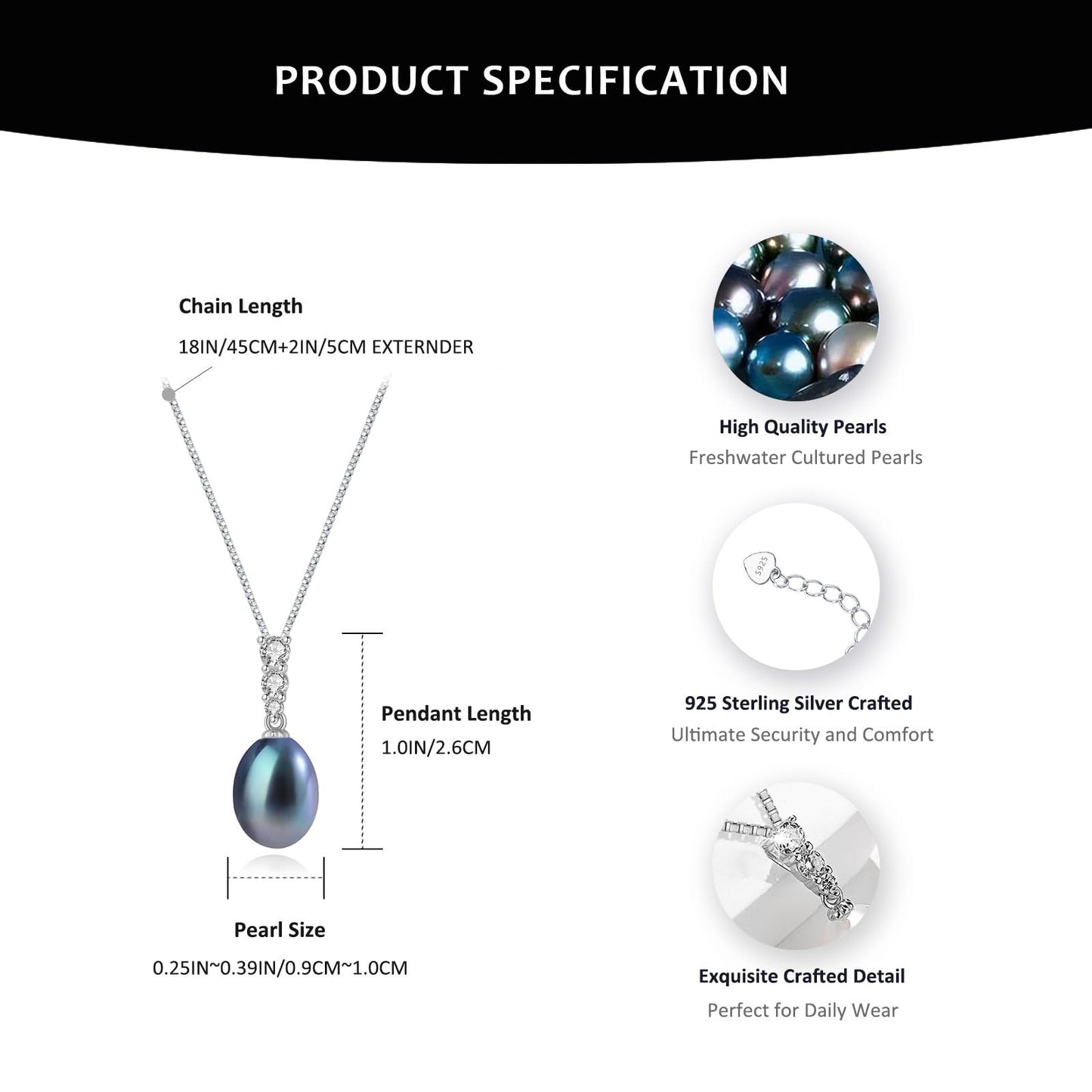 BAMIKI Black Pearl Necklace and Earrings Set, Saltwater Cultured Baroque Pearl 9-10mm, 925 Sterling Silver Set with CZ, Jewelry Gifts for Women, Drop Style