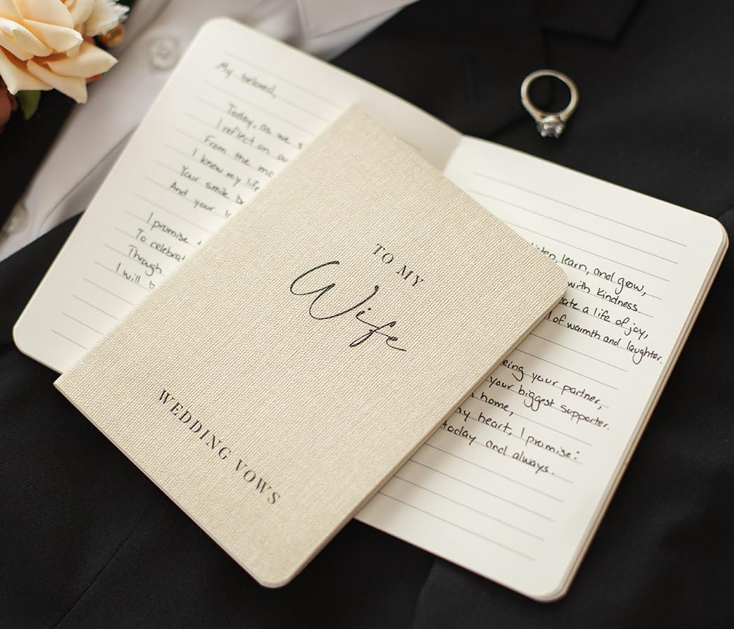 Slim Vow Books (Set of 2 - Design 2) - Soft Cream Canvas Linen Textured Cover Wedding Vow Booklets, Ceremony Speech Promise Notebook Journal, Gift for Newly Engaged Couple, 48 Lined Pages, 5.75" x 4"