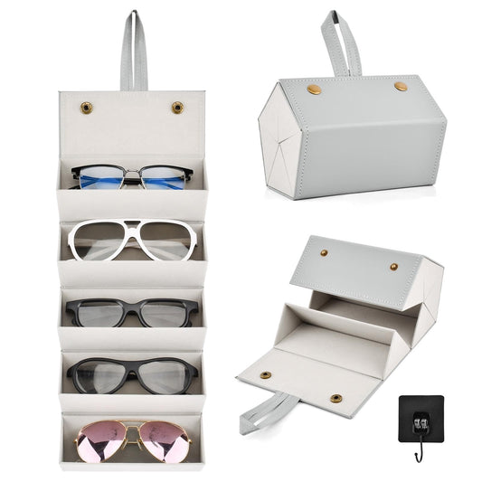 NOWHYX 5 Slots Travel Sunglasses Organizer With Hook, Foldable Travel Sunglass Case, Multiple Eyeglasses Storage Box for Women Men(COLOR:Grey)
