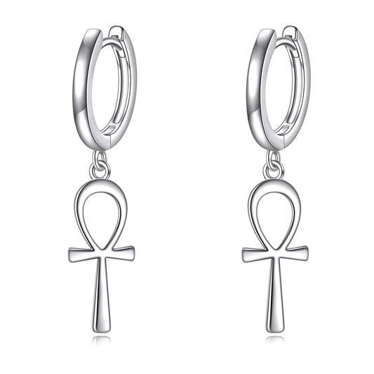 POPLYKE Ankh Hoop Earrings for Women 925 Sterling Silver Egyptian Cross Dangle Earrings Ankh Jewelry Gifts