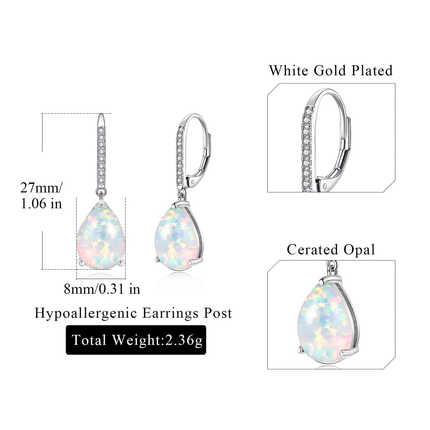 Leverback White Opal Dangle Earrings 14k White Gold Plated Drop Earrings for Women Teardrop Earrings Elegant Jewelry Gifts for Mothers Day Birthday Party