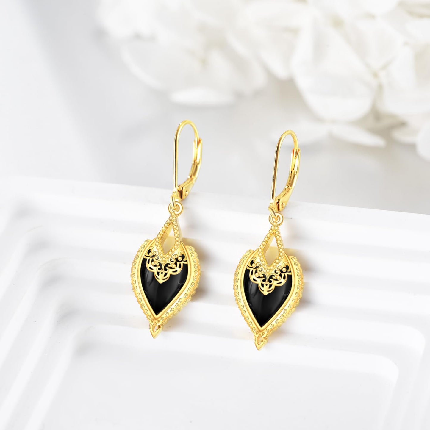 Black Onyx Drop Earrings for Women Sterling Silver 18K Yellow Gold Plated Filigree Black Onyx Dangle Leverback Earrings Jewelry Gifts