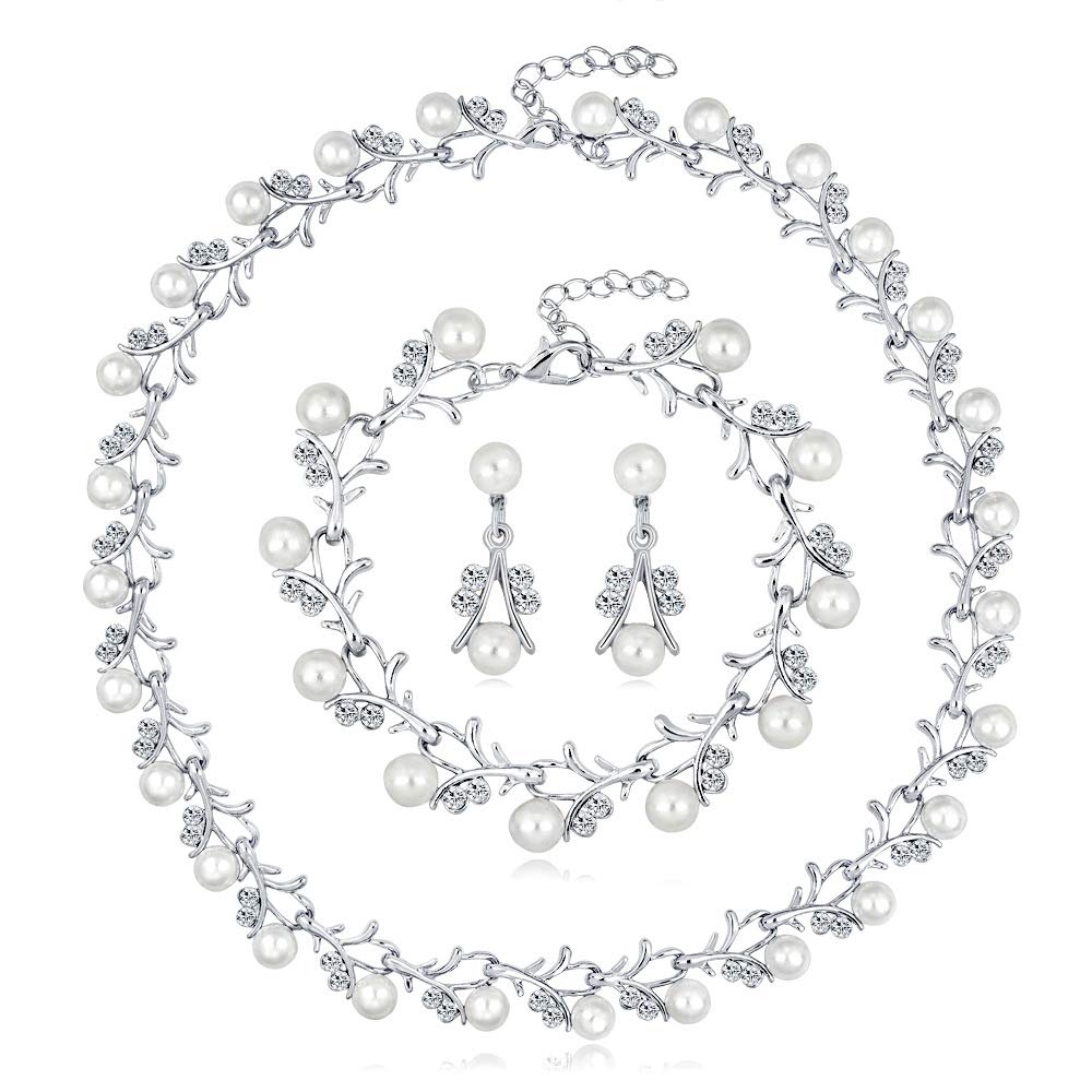tenghong2021 Fashion Classic Faux Pearl Jewelry Set Necklace Bracelet Earrings for Women Best Gift (Silver Leaf)