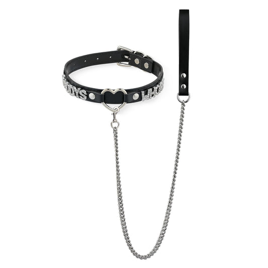 ADEMISHIA Black Heart O-ring Leather Collar and Leash Set, Adjustable Gothic Choker Necklace with Rhinestones Letters 38 Inches Durable Aluminum Chain Leash