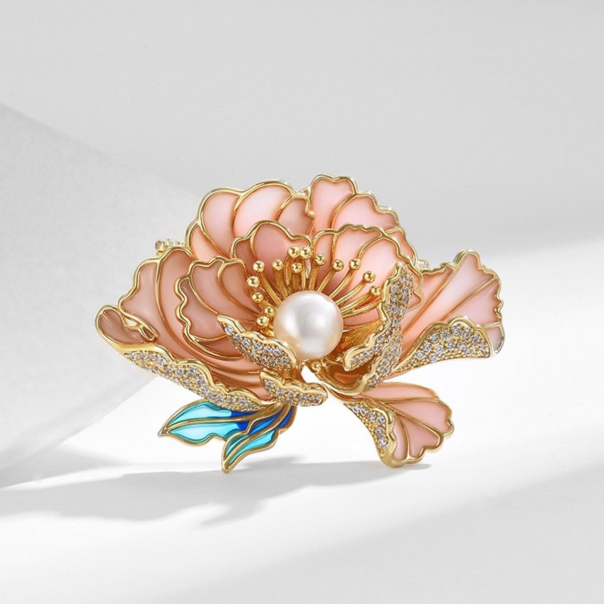 UNVAK Enamel Peony Flower Brooch Pin - 18k Gold Plated Pearl Lapel Pin Jewelry - Thanksgiving Day Birthday Gifts Dress Accessories for Mom Wife