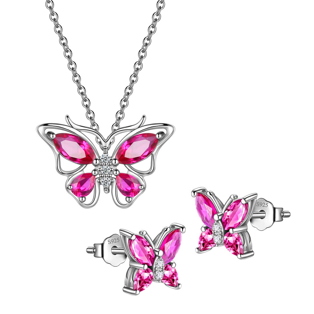 Hipunk Butterfly Red Jewelry Sets Birthstone Women 925 Sterling Silver July-Ruby Birth Stone Animal Butterflies Jewelry Sets/Earring Set Crystal Birthday Jewelry SS0001R