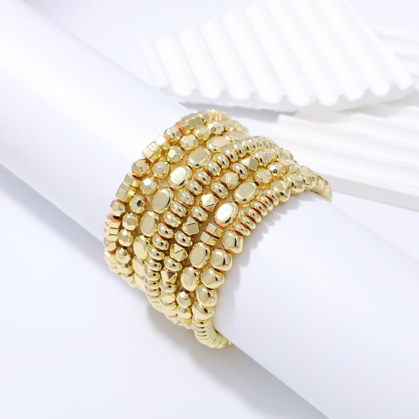 Sajidos Gold Plated Beaded Bracelets for Women Trendy, 14K Gold Plated Stack Cross Pearl Gold Plated Bead Stretch Bracelets Set Elastic Hypoallergenic Bracelets Jewelry Gifts